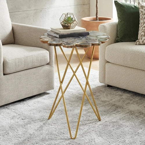 Agate Top Side Table with Gold Finish Trim and Hairpin Metal Legs
