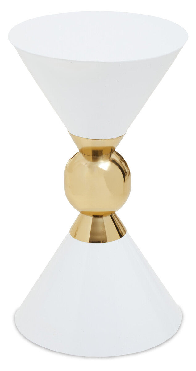 White Conical Metal Side Table in Stainless Steel with Gold Centre Ring Detail