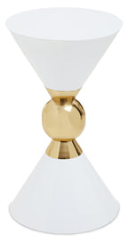 White Conical Metal Side Table in Stainless Steel with Gold Centre Ring Detail