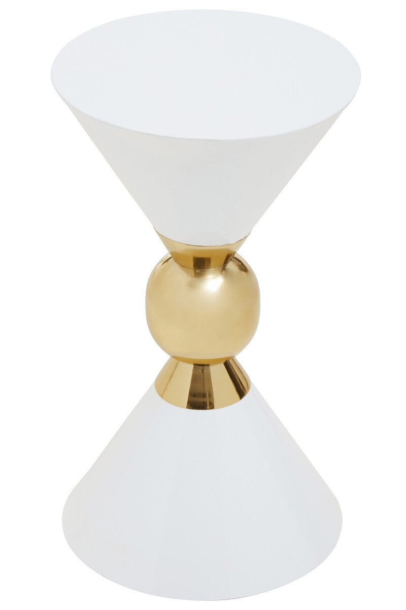 White Conical Metal Side Table in Stainless Steel with Gold Centre Ring Detail