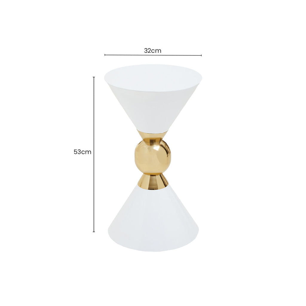 White Conical Metal Side Table in Stainless Steel with Gold Centre Ring Detail