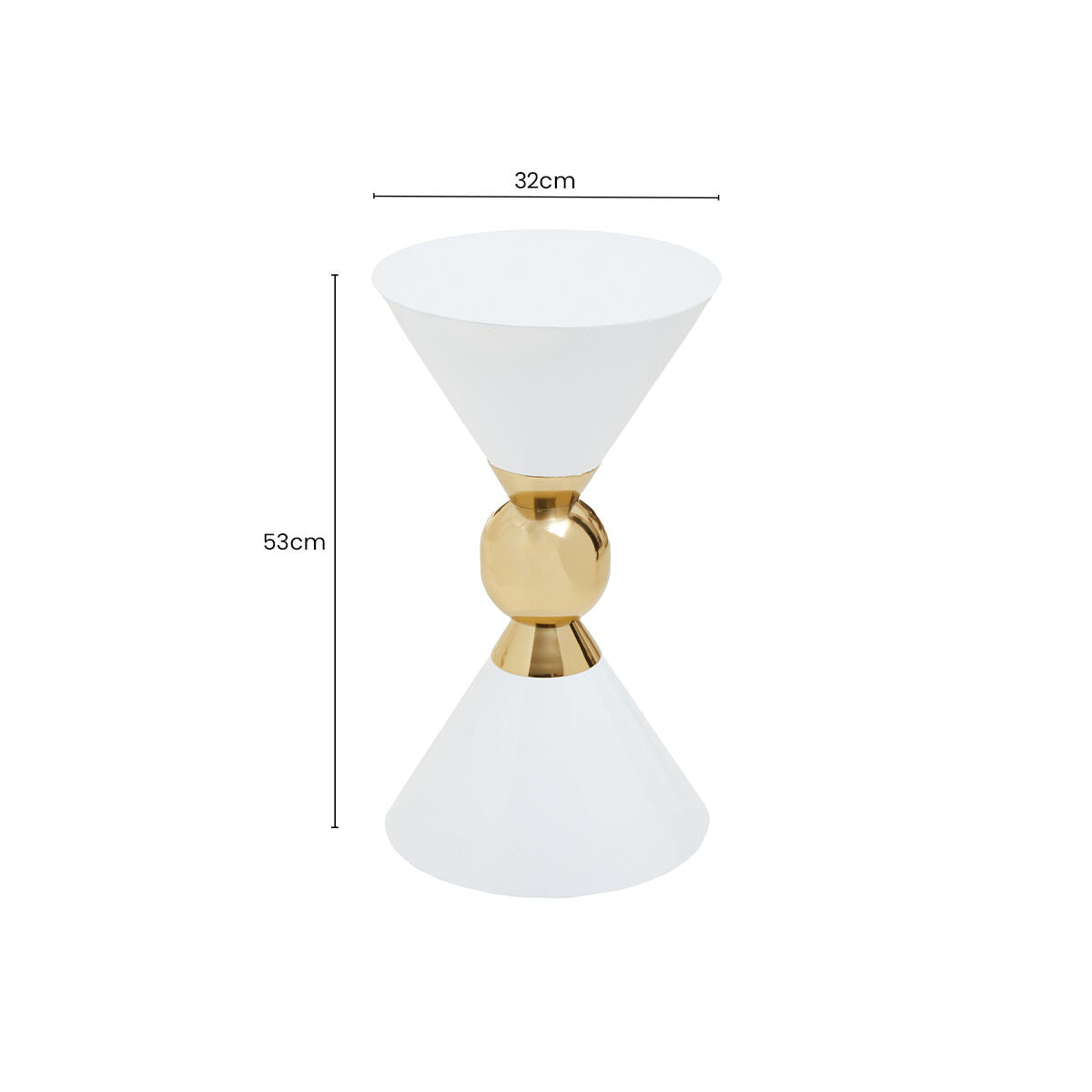 White Conical Metal Side Table in Stainless Steel with Gold Centre Ring Detail