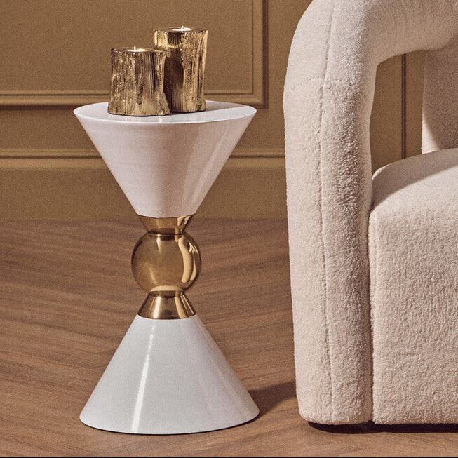 White Conical Metal Side Table in Stainless Steel with Gold Centre Ring Detail