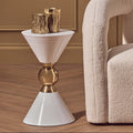 White Conical Metal Side Table in Stainless Steel with Gold Centre Ring Detail