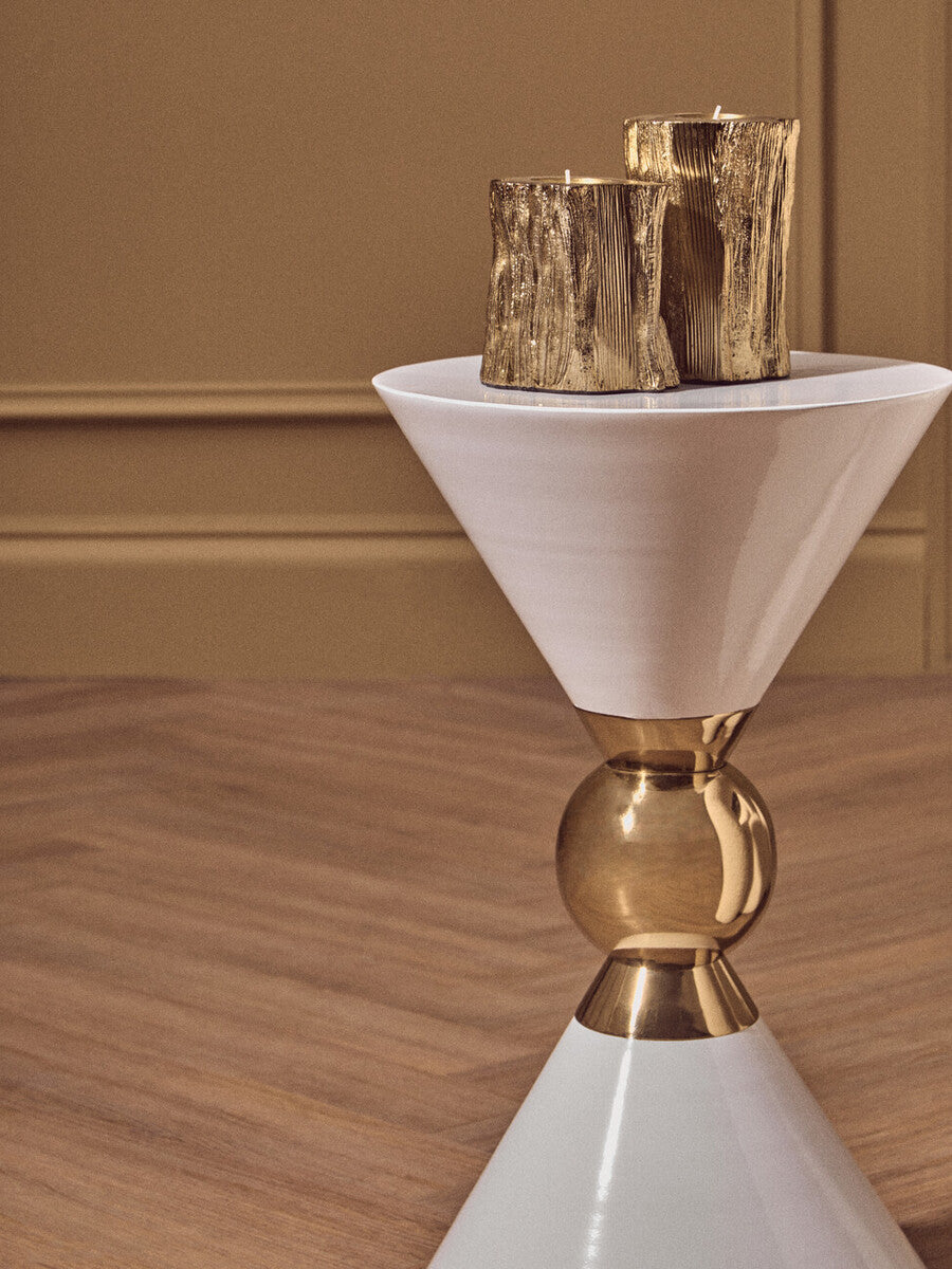 White Conical Metal Side Table in Stainless Steel with Gold Centre Ring Detail