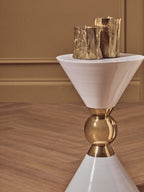 White Conical Metal Side Table in Stainless Steel with Gold Centre Ring Detail