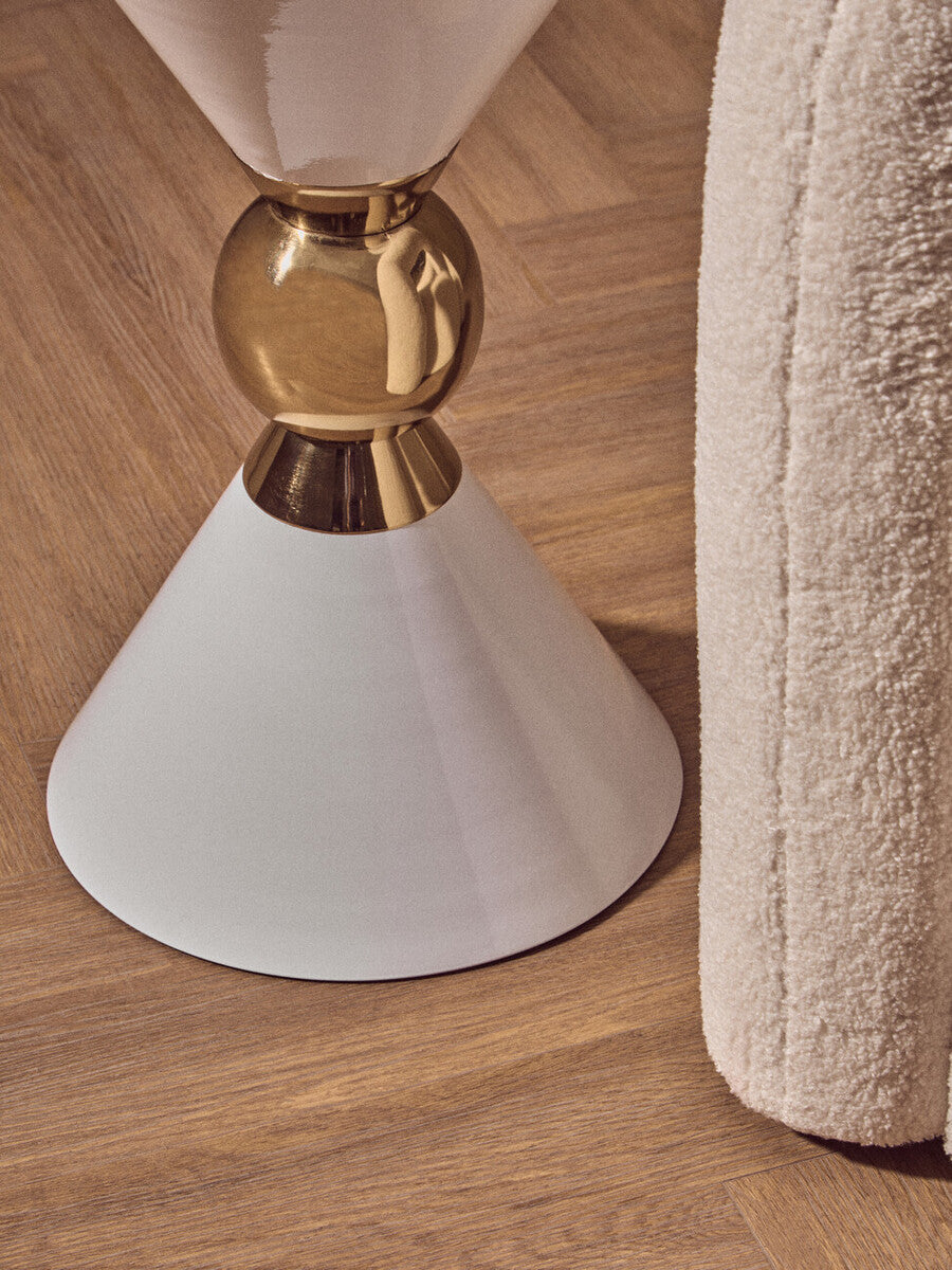 White Conical Metal Side Table in Stainless Steel with Gold Centre Ring Detail