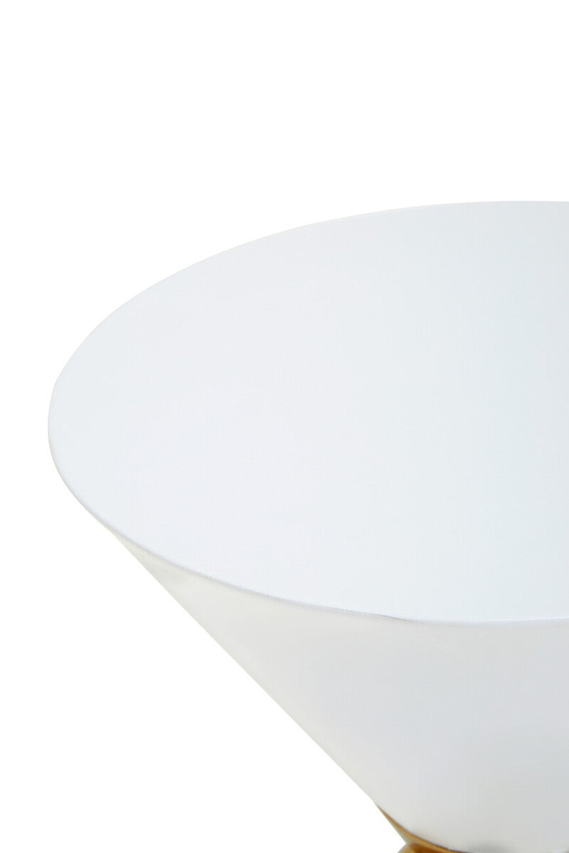 White Conical Metal Side Table in Stainless Steel with Gold Centre Ring Detail