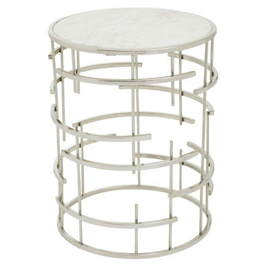 White Round Marble Top Side Table with Silver Open Frame Metal Base