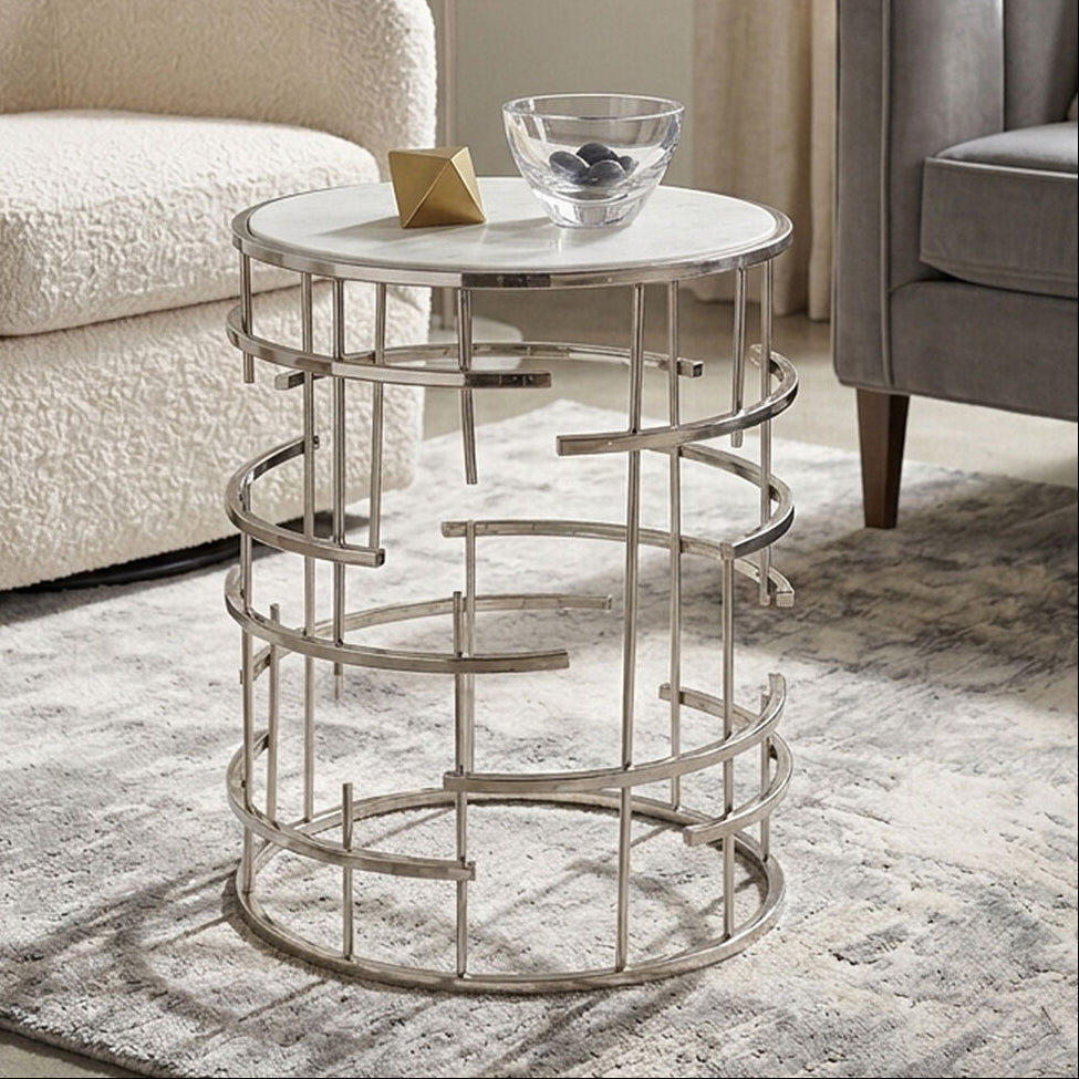 White Round Marble Top Side Table with Silver Open Frame Metal Base