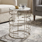 White Round Marble Top Side Table with Silver Open Frame Metal Base