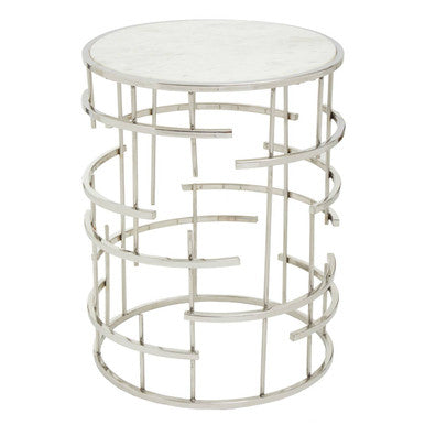 White Round Marble Top Side Table with Silver Open Frame Metal Base