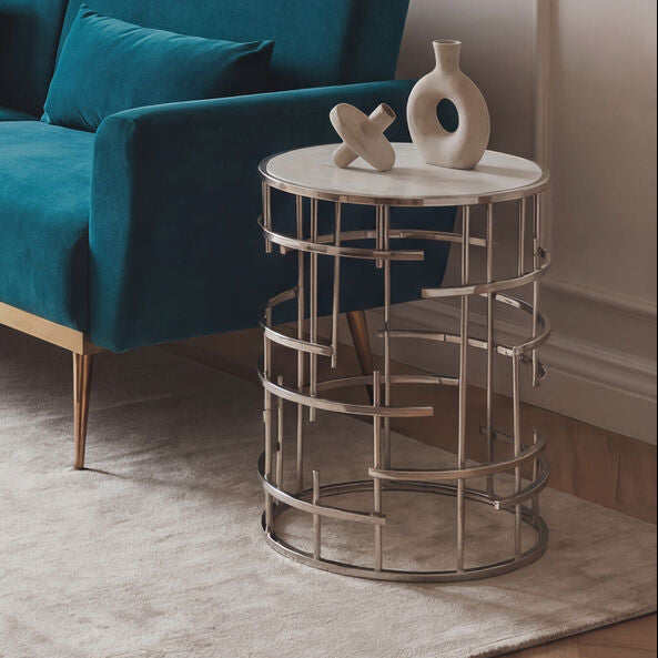 White Round Marble Top Side Table with Silver Open Frame Metal Base