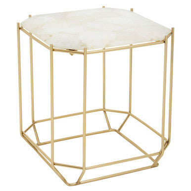 White Quartz Side Table with Gold Finish Base