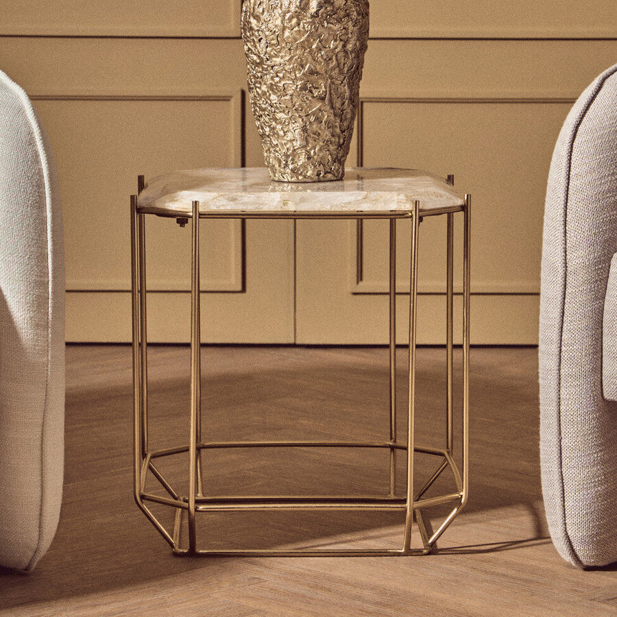 White Quartz Side Table with Gold Finish Base