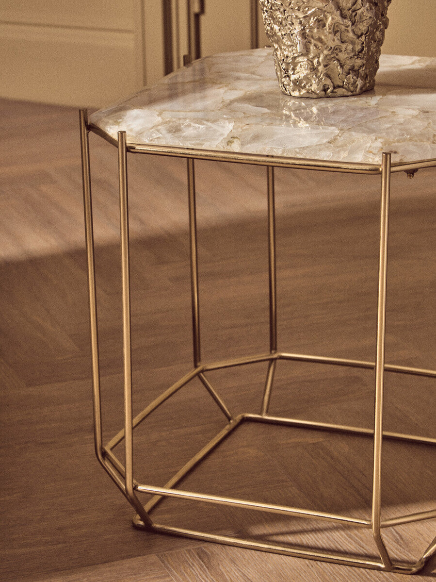 White Quartz Side Table with Gold Finish Base