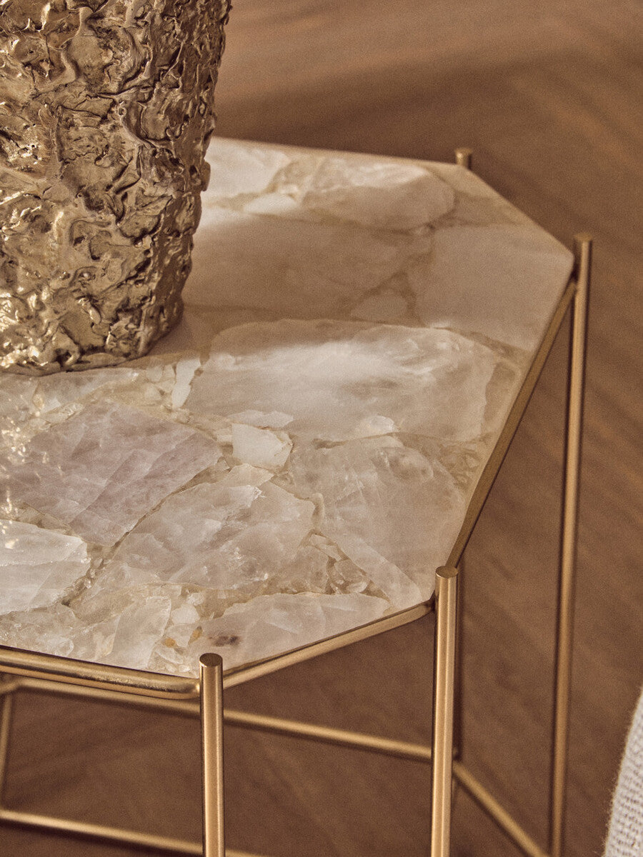 White Quartz Side Table with Gold Finish Base