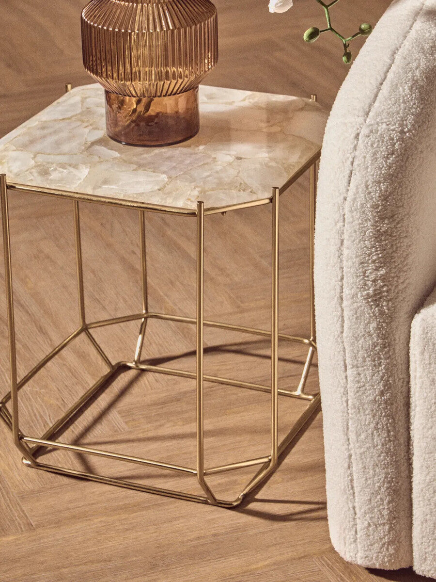 White Quartz Side Table with Gold Finish Base