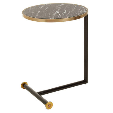 Black Marble Effect Glass Top Side Table with Gold Rim and Gold Feet