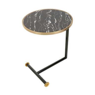 Black Marble Effect Glass Top Side Table with Gold Rim and Gold Feet