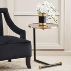 Black Marble Effect Glass Top Side Table with Gold Rim and Gold Feet