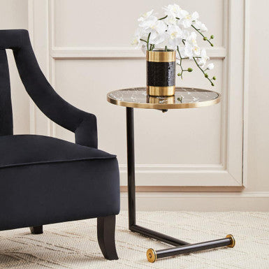Black Marble Effect Glass Top Side Table with Gold Rim and Gold Feet