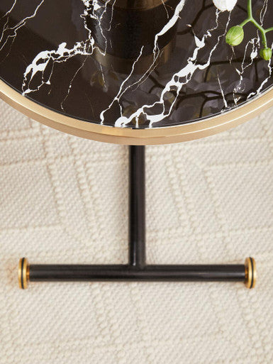 Black Marble Effect Glass Top Side Table with Gold Rim and Gold Feet