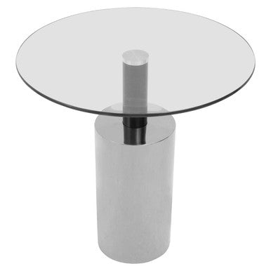 Clear Glass Top Side Table with Silver Steel Base and Black Column