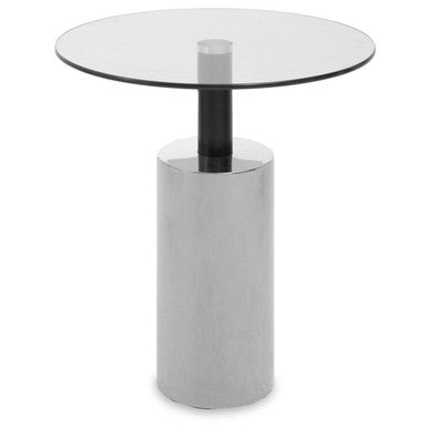 Clear Glass Top Side Table with Silver Steel Base and Black Column