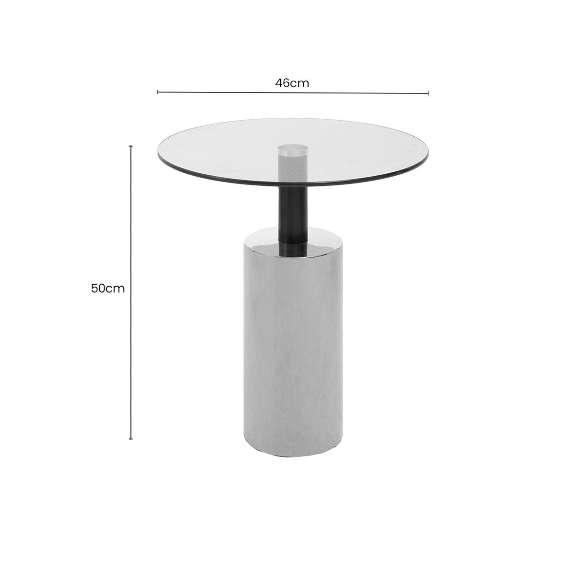 Clear Glass Top Side Table with Silver Steel Base and Black Column