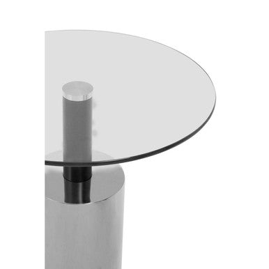 Clear Glass Top Side Table with Silver Steel Base and Black Column