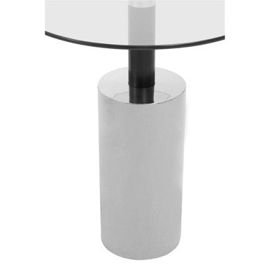 Clear Glass Top Side Table with Silver Steel Base and Black Column