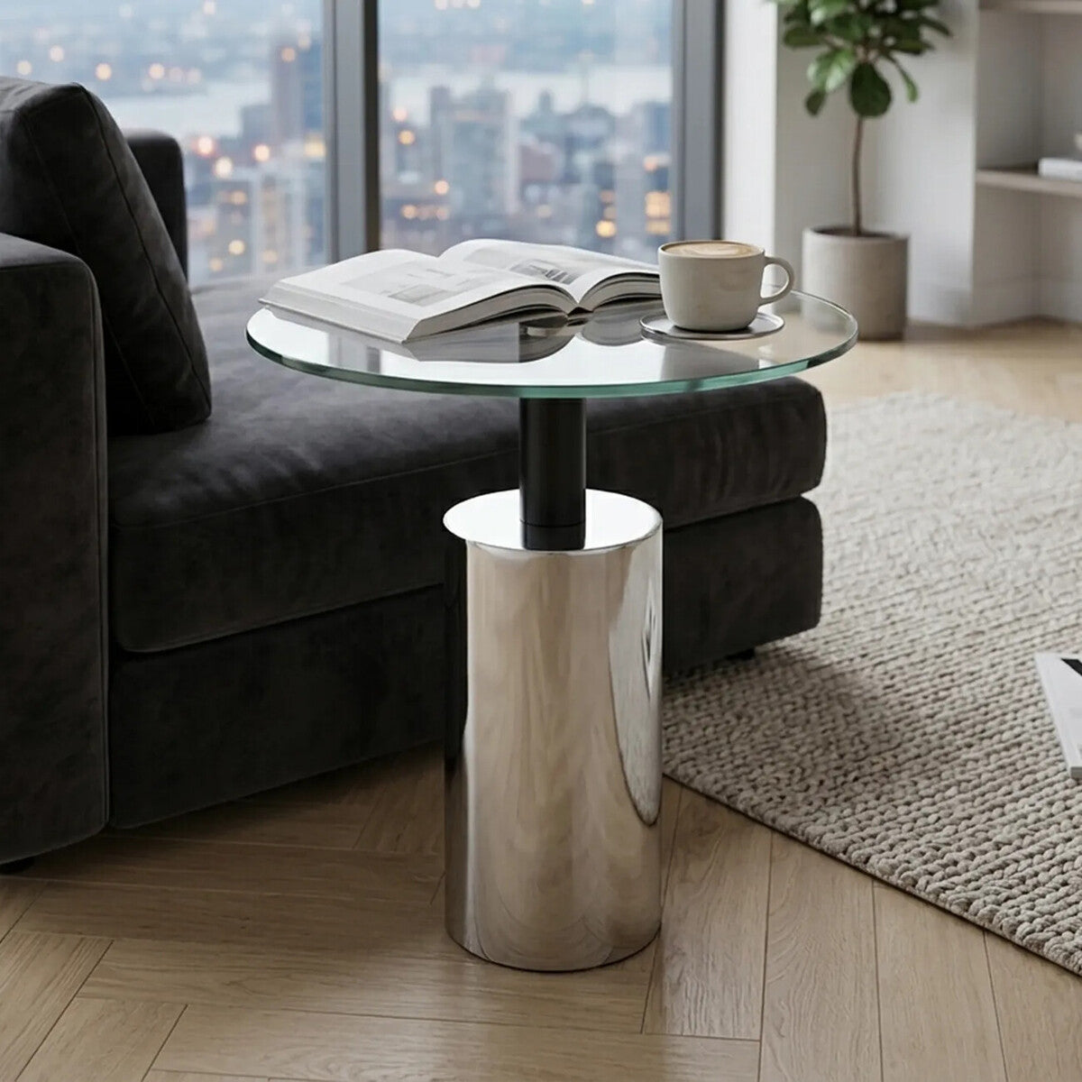 Clear Glass Top Side Table with Silver Steel Base and Black Column