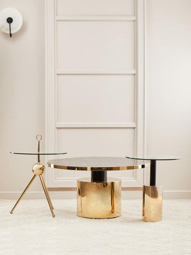 Clear Glass Top Side Table with Gold Steel Base and Black Centre Support