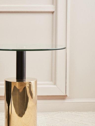 Clear Glass Top Side Table with Gold Steel Base and Black Centre Support