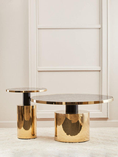 Black Marble Effect Glass Top Side Table with Gold Finished Base