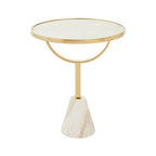 White Glass Top Side Table with Gold Metal Column and White Marble Base