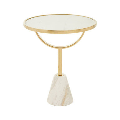 White Glass Top Side Table with Gold Metal Column and White Marble Base