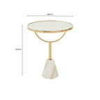 White Glass Top Side Table with Gold Metal Column and White Marble Base