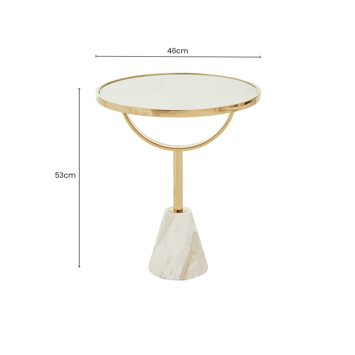 White Glass Top Side Table with Gold Metal Column and White Marble Base