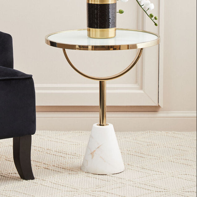 White Glass Top Side Table with Gold Metal Column and White Marble Base