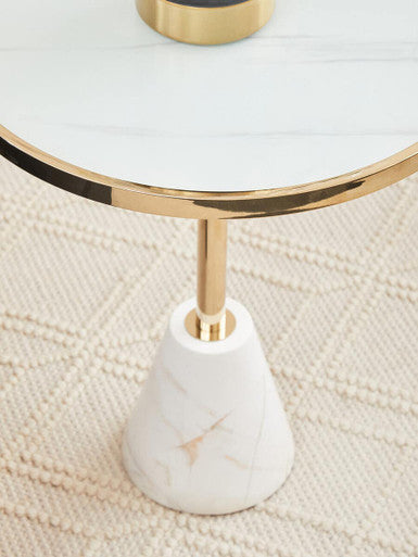 White Glass Top Side Table with Gold Metal Column and White Marble Base