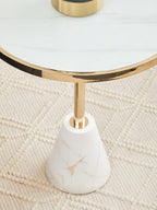 White Glass Top Side Table with Gold Metal Column and White Marble Base