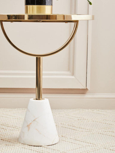 White Glass Top Side Table with Gold Metal Column and White Marble Base