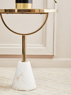 White Glass Top Side Table with Gold Metal Column and White Marble Base