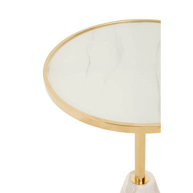White Glass Top Side Table with Gold Metal Column and White Marble Base