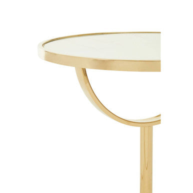 White Glass Top Side Table with Gold Metal Column and White Marble Base