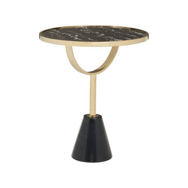 Black Glass Top Side Table with Gold Metal Column and Black Marble Base