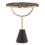 Black Glass Top Side Table with Gold Metal Column and Black Marble Base
