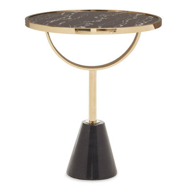Black Glass Top Side Table with Gold Metal Column and Black Marble Base
